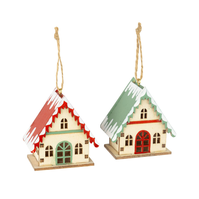 A35734:2 Asst'd painted wood chalet style house orns,red/