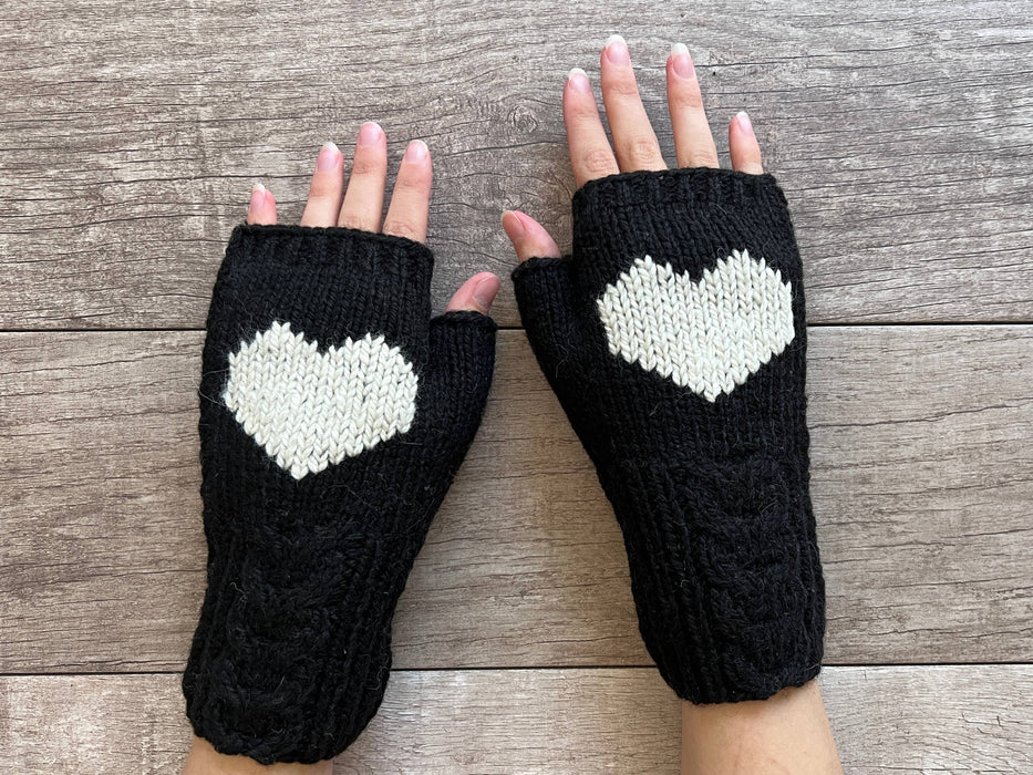 Alpaca Cable Black Heart Fingerless Gloves Fleece Lined
