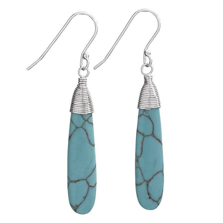 Turquoise stone earrings with silver wire wrapping on a white background