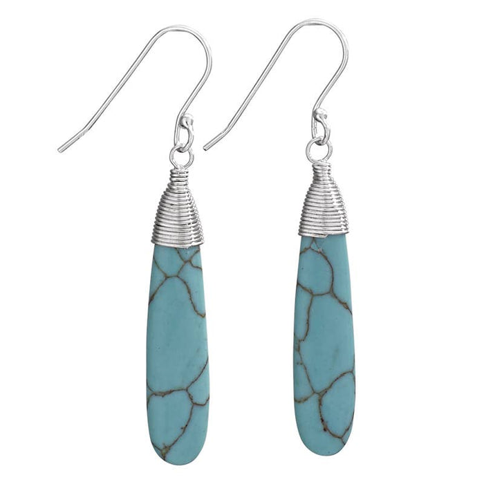Turquoise stone earrings with silver wire wrapping on a white background