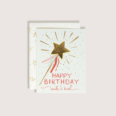 Birthday card with star and wand design on a light blue background