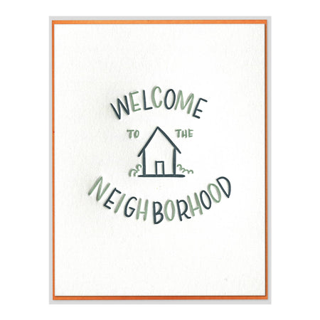 Card with 'Welcome to the Neighborhood' text and house illustration on a white background