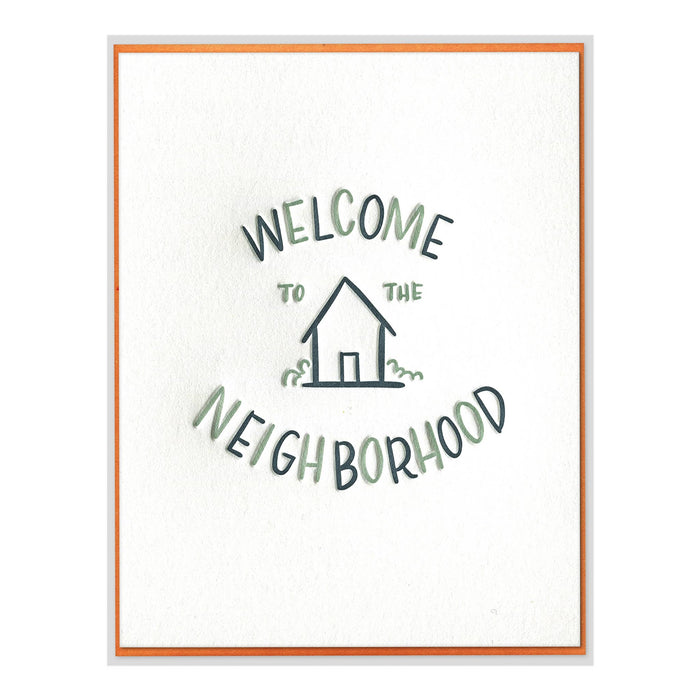 Card with 'Welcome to the Neighborhood' text and house illustration on a white background