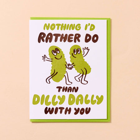 Card with cartoon characters and humorous text on a beige background