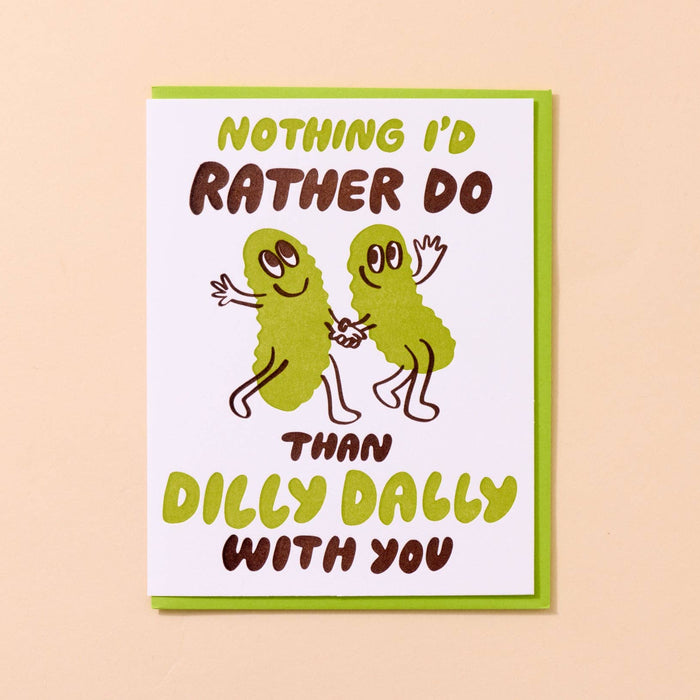 Card with cartoon characters and humorous text on a beige background