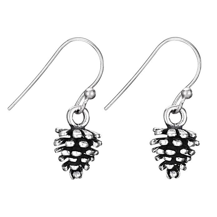 Silver pine cone earrings on a white background