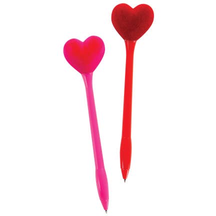 Two heart-shaped pens, one pink and one red, on a white background.