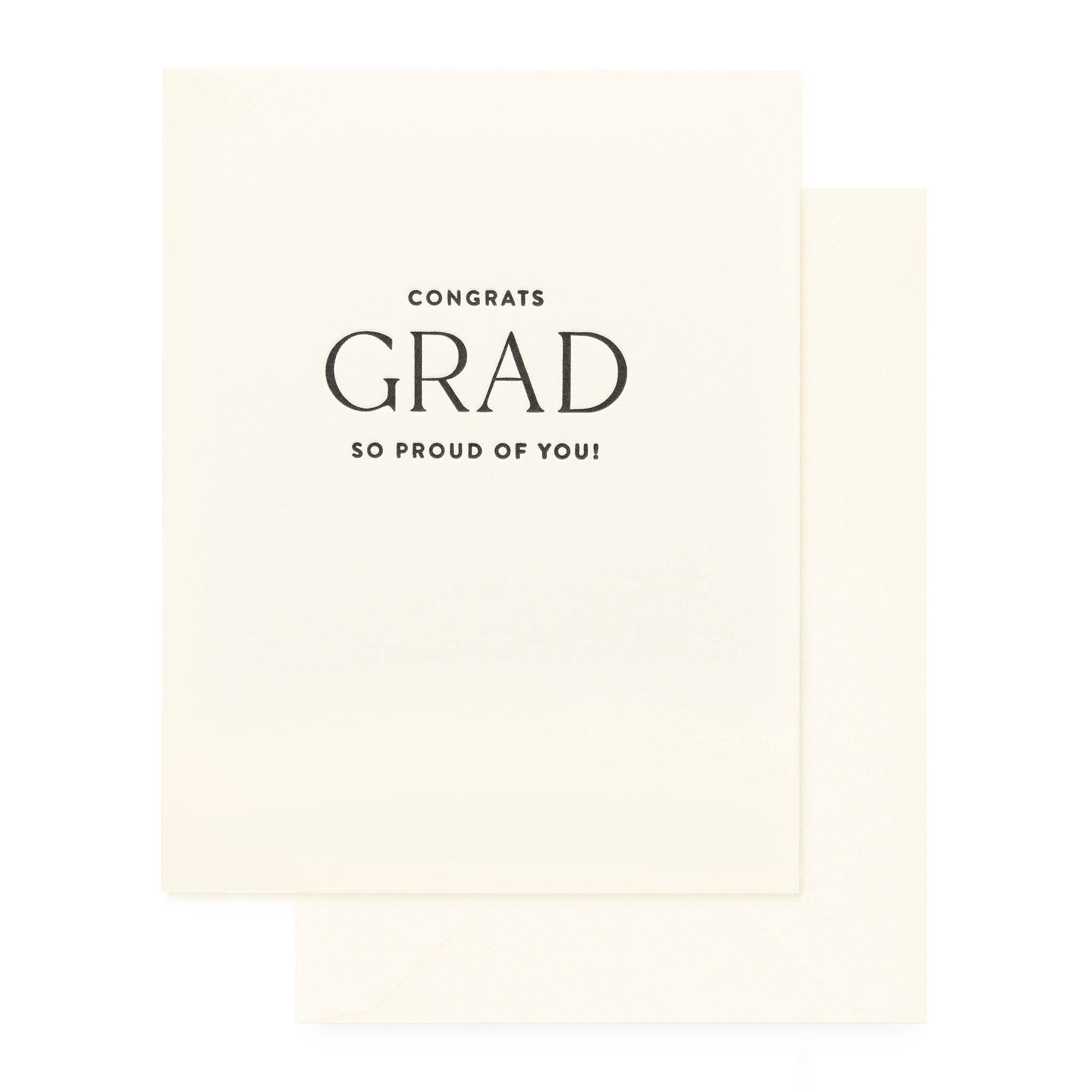 Graduation card with 'Congrats Grad So Proud of You!' text on a white background