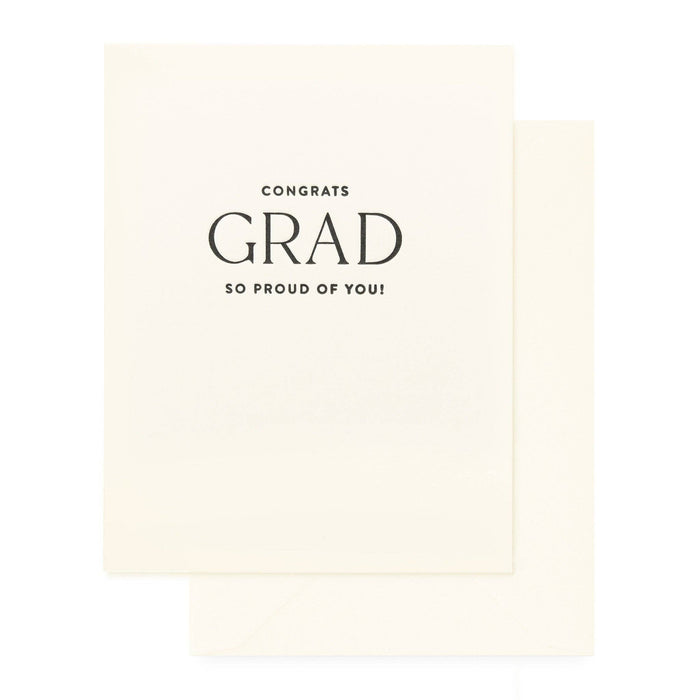 Graduation card with 'Congrats Grad So Proud of You!' text on a white background