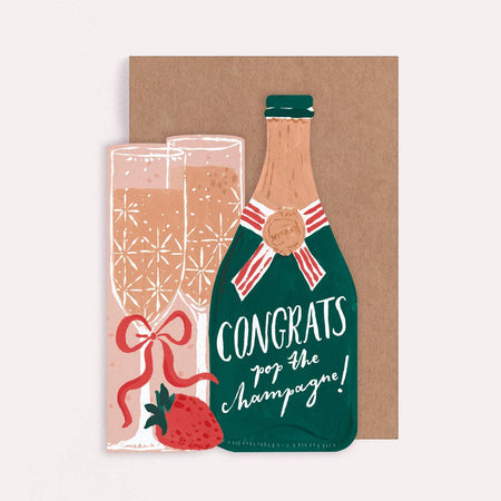 Greeting card with illustration of champagne bottle and glasses on a beige background