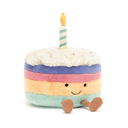 rainbow colored birthday cake stuffed toy