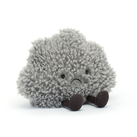 Plush toy cloud with sad face on a white background
