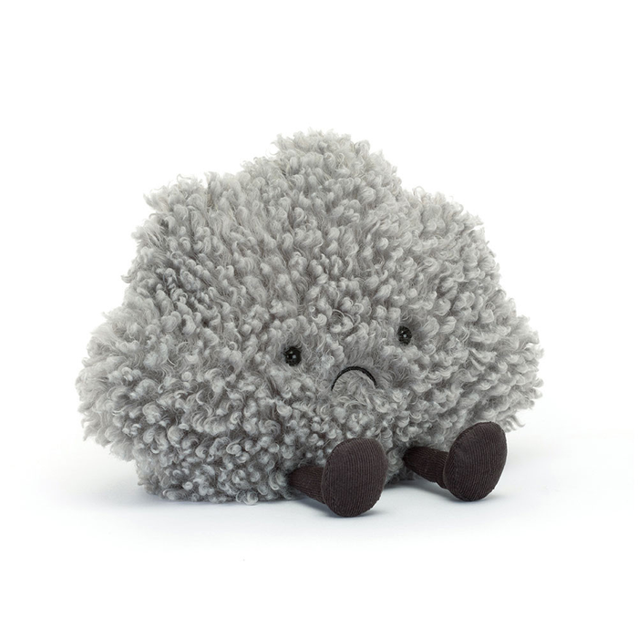 Plush toy cloud with sad face on a white background