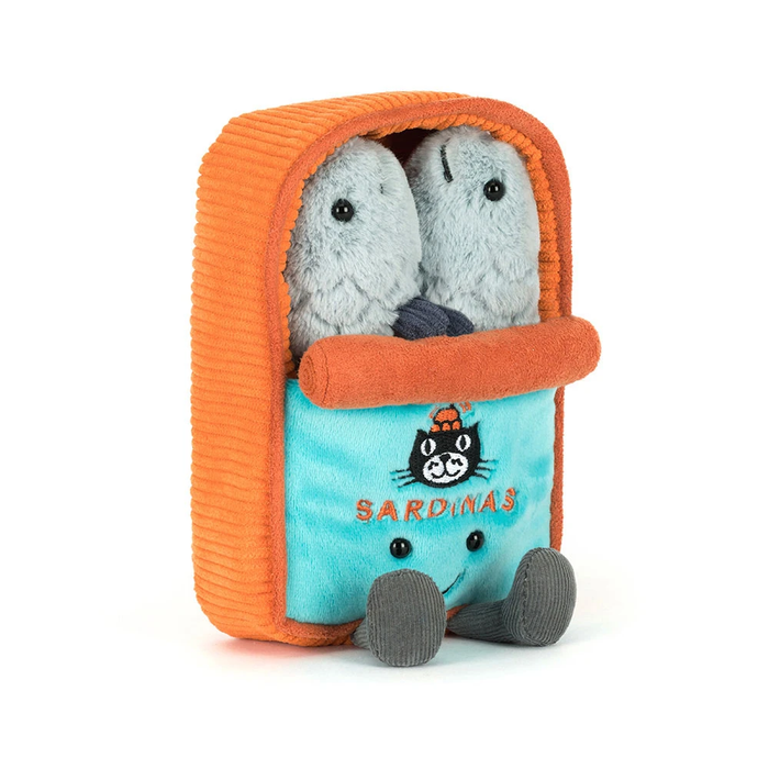 Plush toy resembling a sardine can with two small gray plush toys inside on a white background