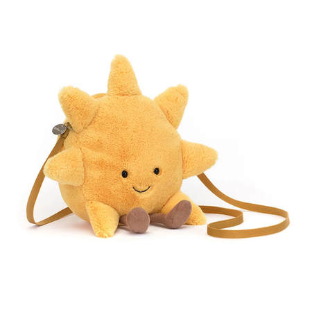 yellow sun bag with a brown strap and a face + legs