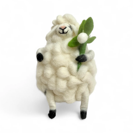  sheep holding a sprig of mistletoe on a white background
