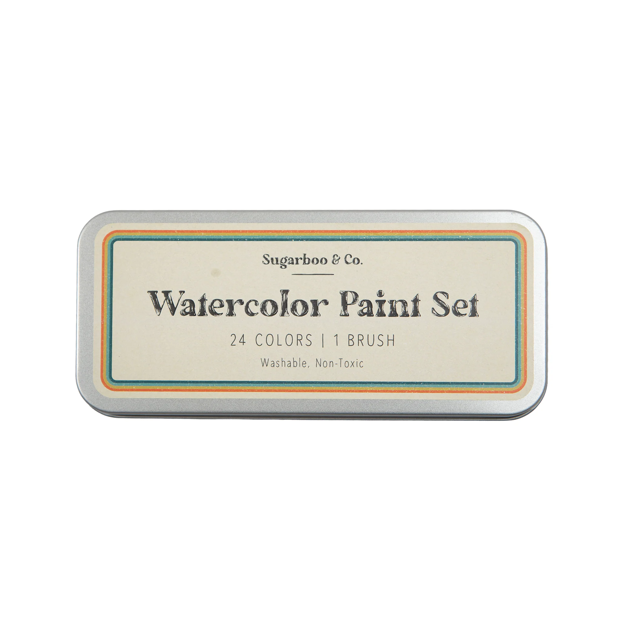 Watercolor paint set with a label on a white background