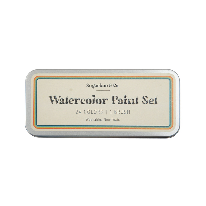 Watercolor paint set with a label on a white background