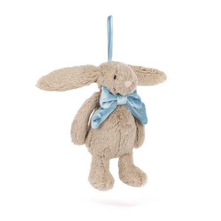 Plush bunny toy ornament with a blue bow tie on a white background