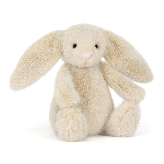 Stuffed bunny toy with long ears on a white background