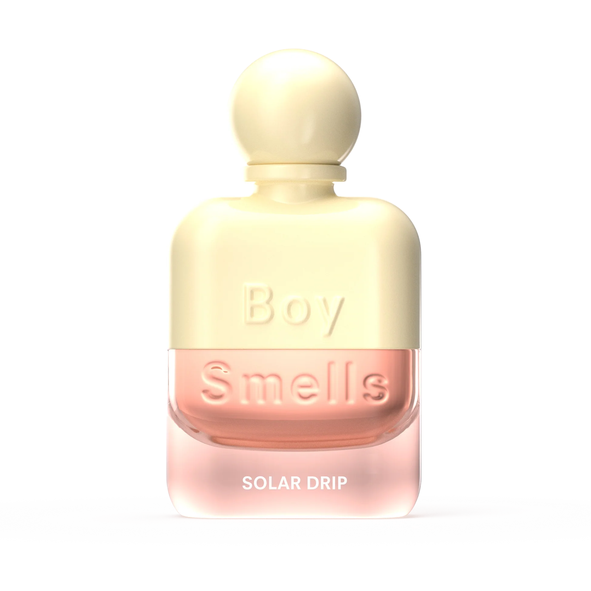 Perfume bottle labeled 'Boy Smells Solar Drip' on a white background
