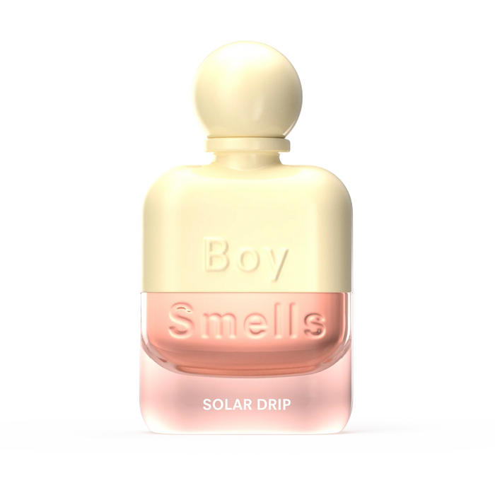 Perfume bottle labeled 'Boy Smells Solar Drip' on a white background