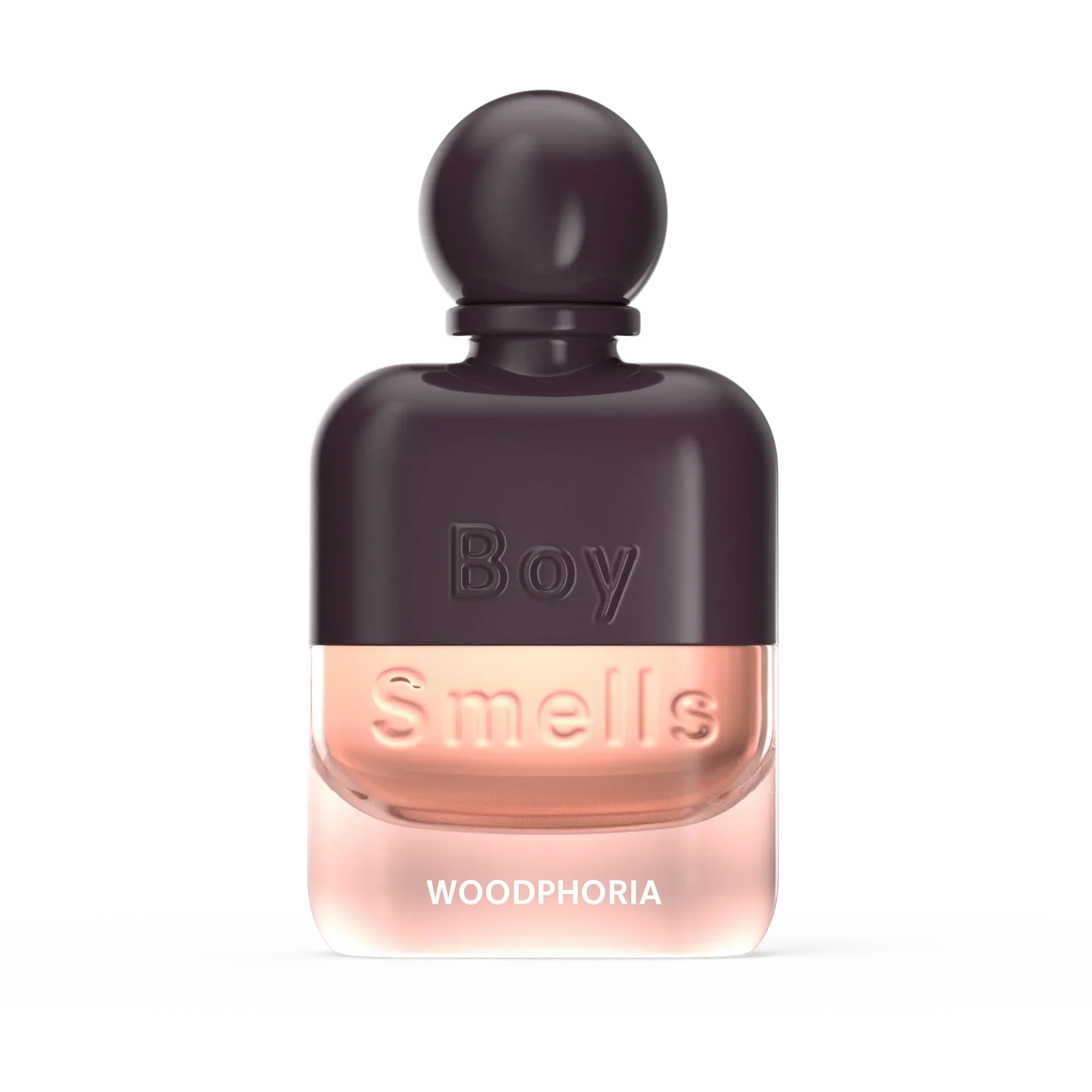 Perfume bottle labeled 'Boy Smells Woodphoria' on a white background