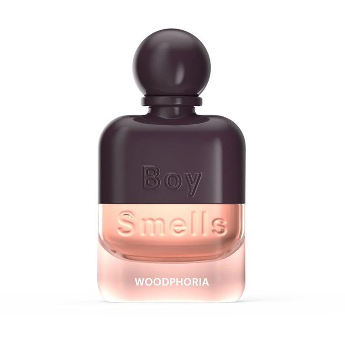 Perfume bottle labeled 'Boy Smells Woodphoria' on a white background