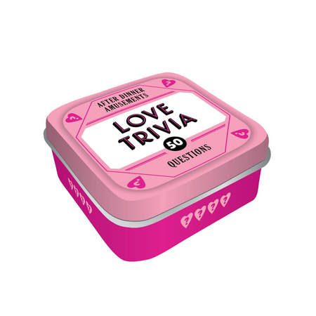 Pink tin box with 'Love Trivia' text on a white background