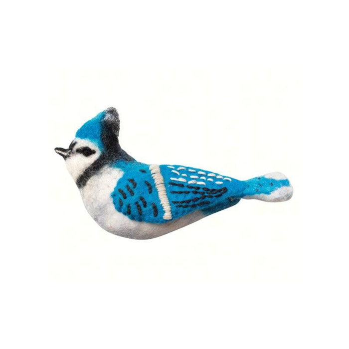 Felt Ornament resembling a blue jay on a white background