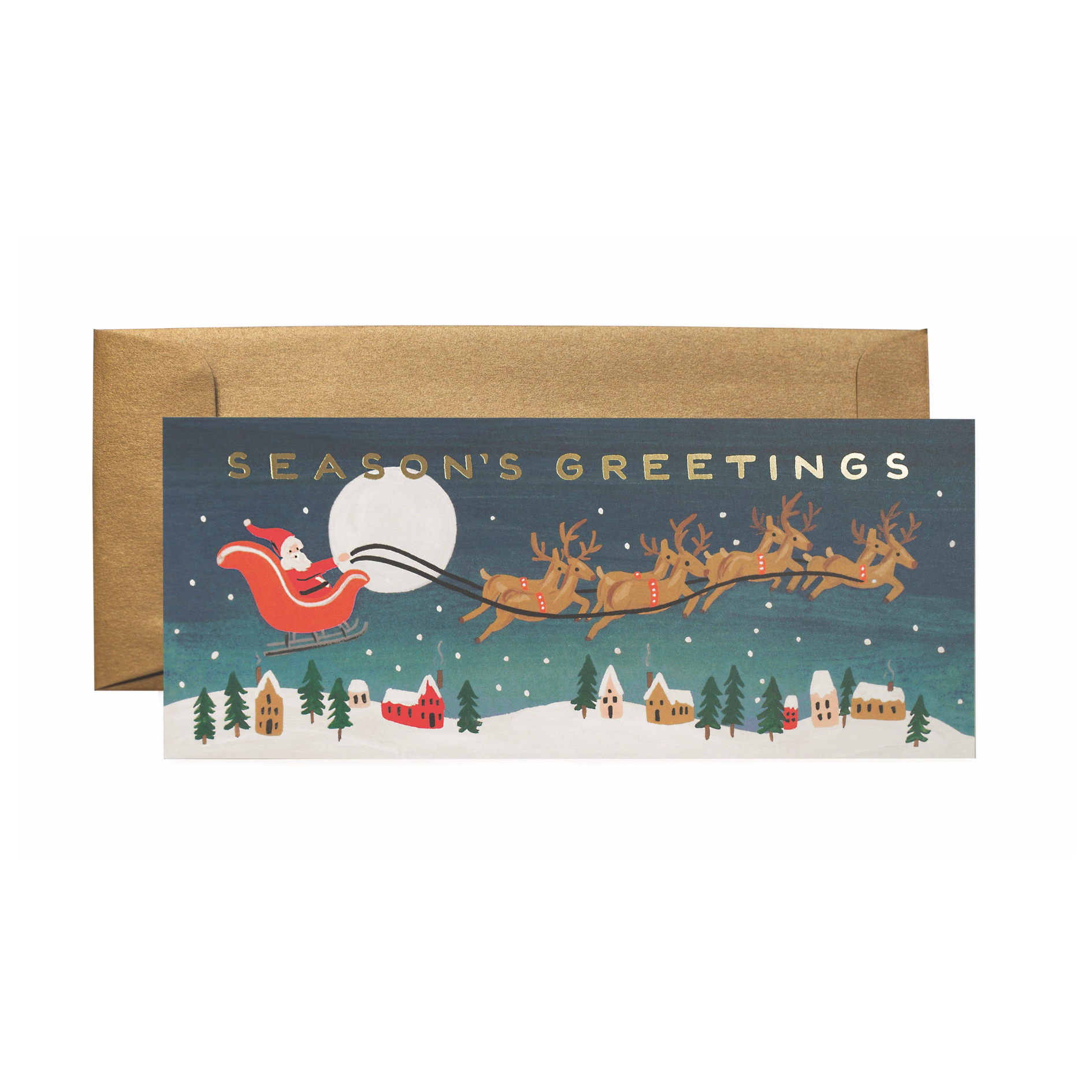 Christmas card with Santa Claus in a sleigh and reindeer over a snowy village, with a gold envelope.