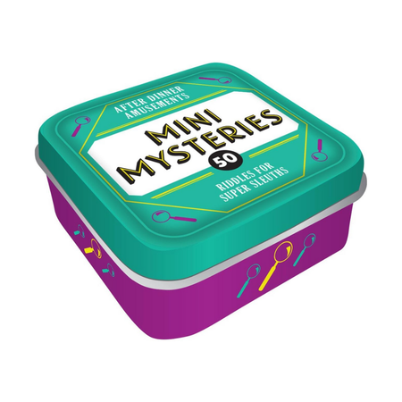 Mini mysteries game container with teal lid and purple body on a white background