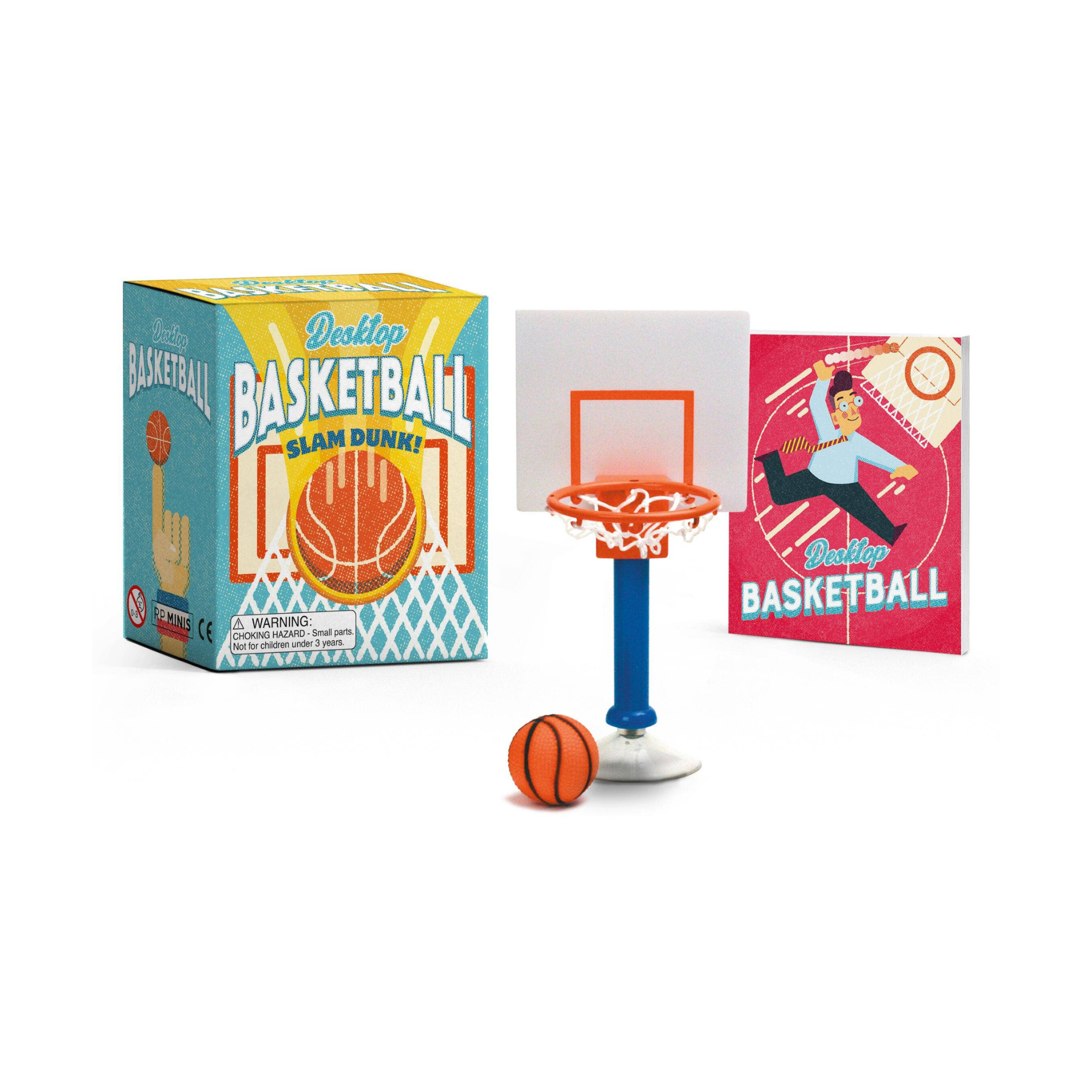 Mini basketball hoop set with basketball and packaging on a white background