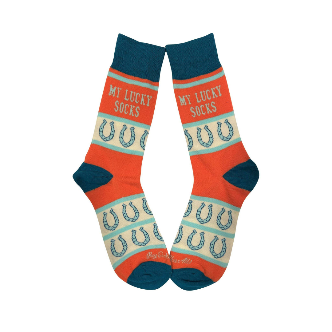 Pair of 'My Lucky Socks' with horseshoe pattern on a white background