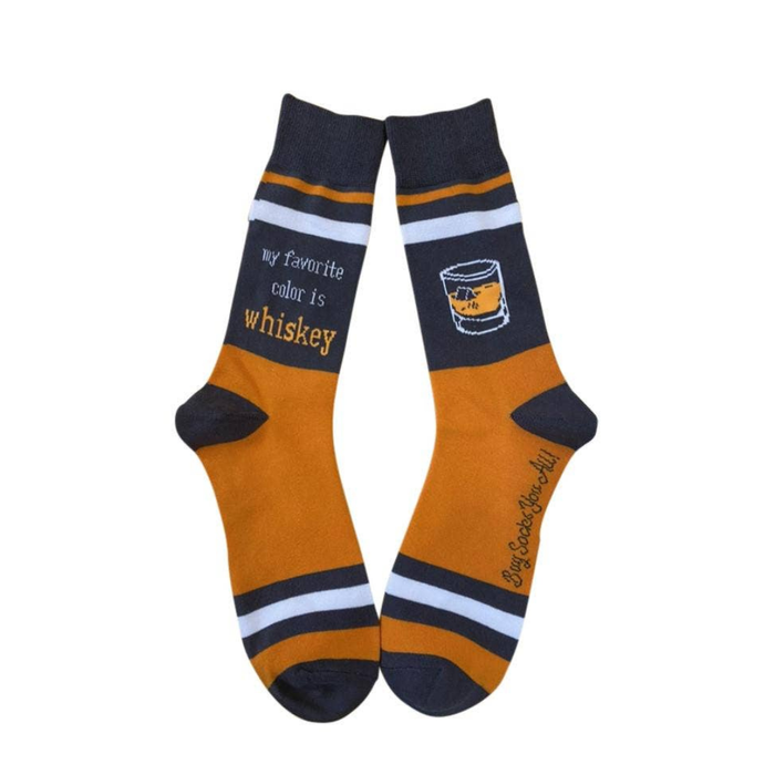 Pair of socks with 'my favorite color is whiskey' text and a whiskey glass design on a white background.