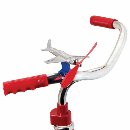 Bicycle handlebar with red grips and a small airplane model attached on a white background