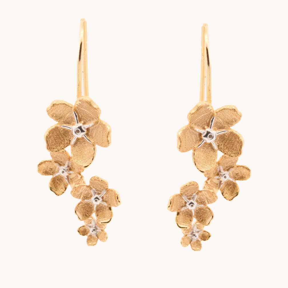 Gold cherry blossom drop earrings with cascading textured flowers and silver-tone centers.