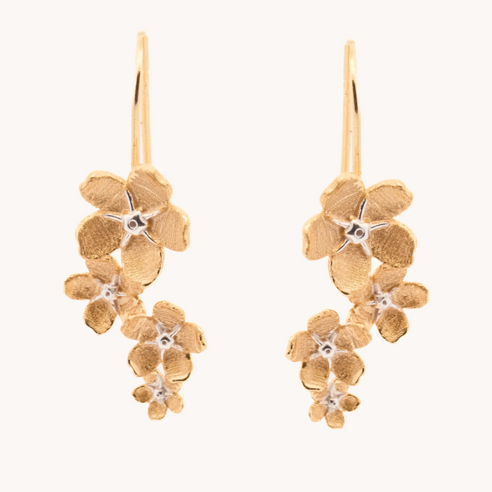 Gold cherry blossom drop earrings with cascading textured flowers and silver-tone centers.