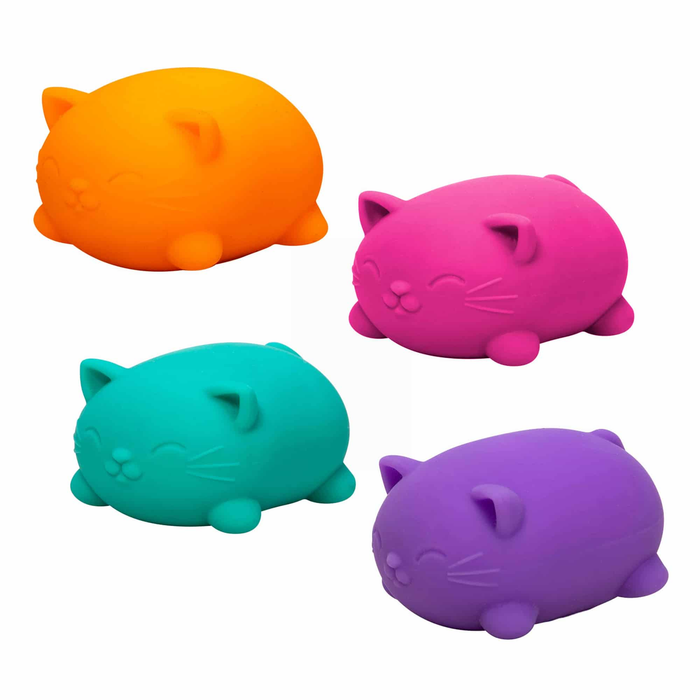 Four colorful cat-shaped items in orange, pink, teal, and purple on a white background.