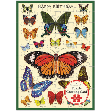 Puzzle greeting card with butterfly illustrations and 'Happy Birthday' text