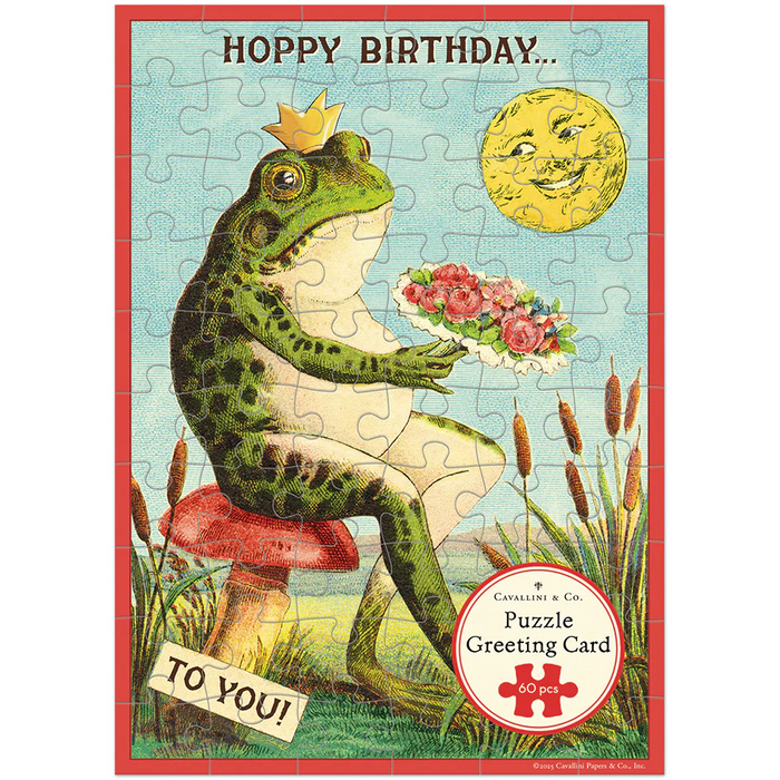 Frog puzzle greeting card with vintage design featuring a frog, flowers, and moon.