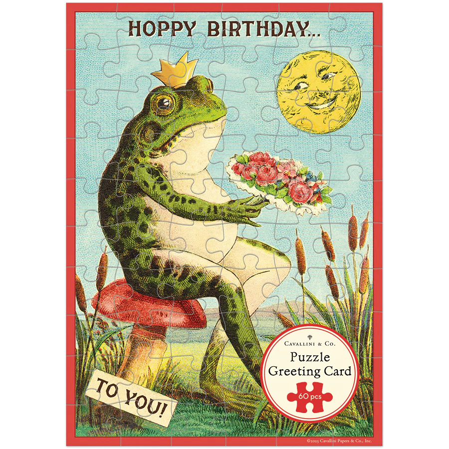 Frog puzzle greeting card with vintage design featuring a frog, flowers, and moon.