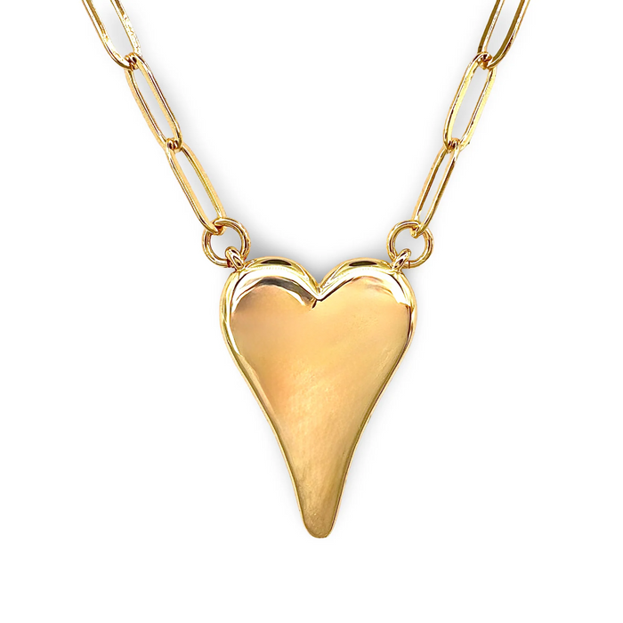 Gold heart-shaped pendant on a gold chain against a white background