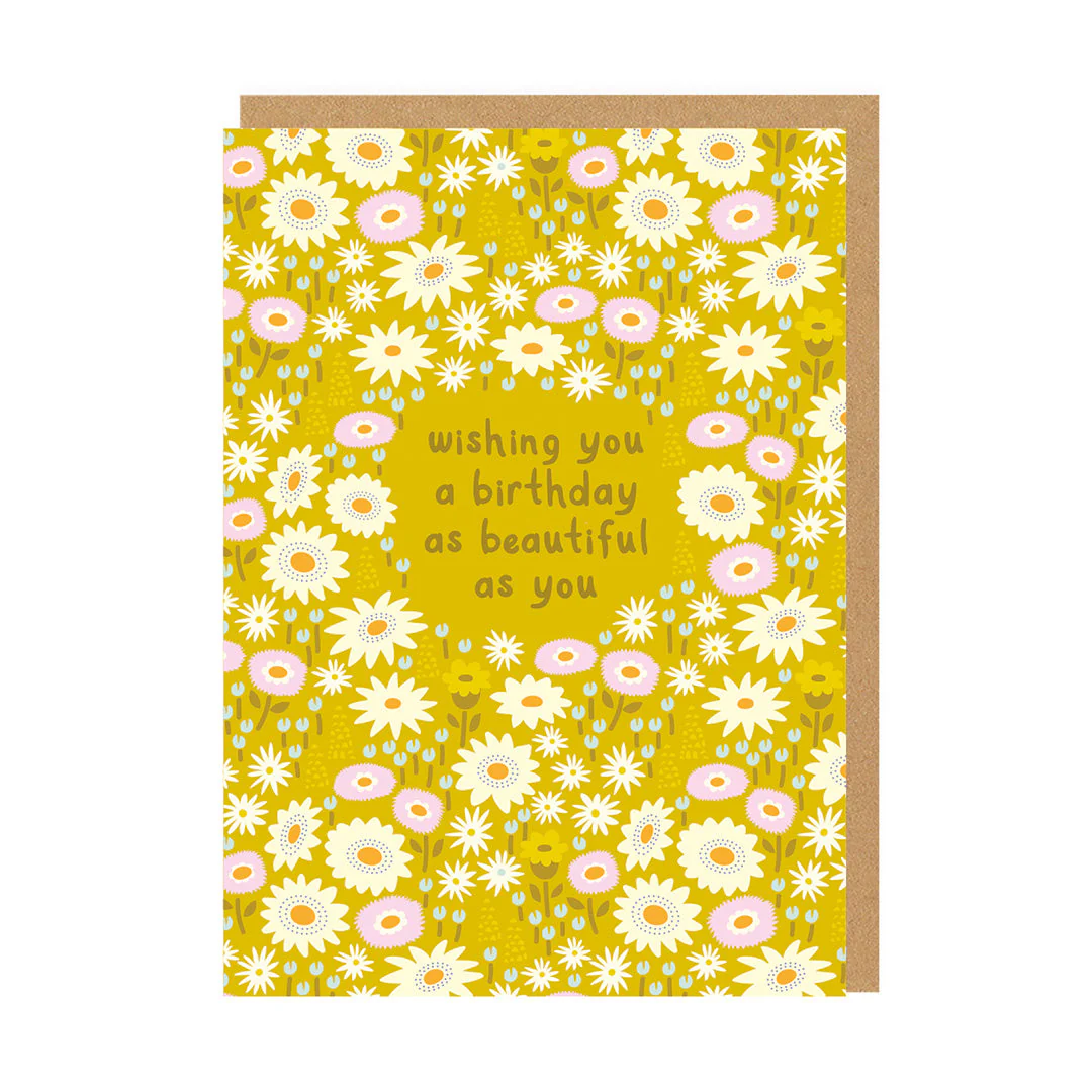 Greeting card with floral design and text on a yellow background