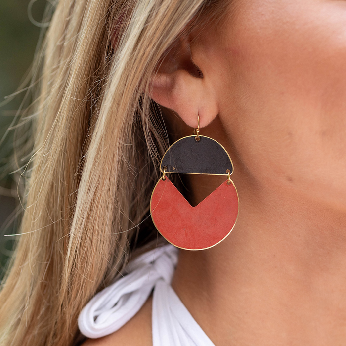 Brass Patina Teardrop Earrings - Black & Red