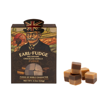 Box of Earl of Fudge fudge with fudge pieces displayed on a white background