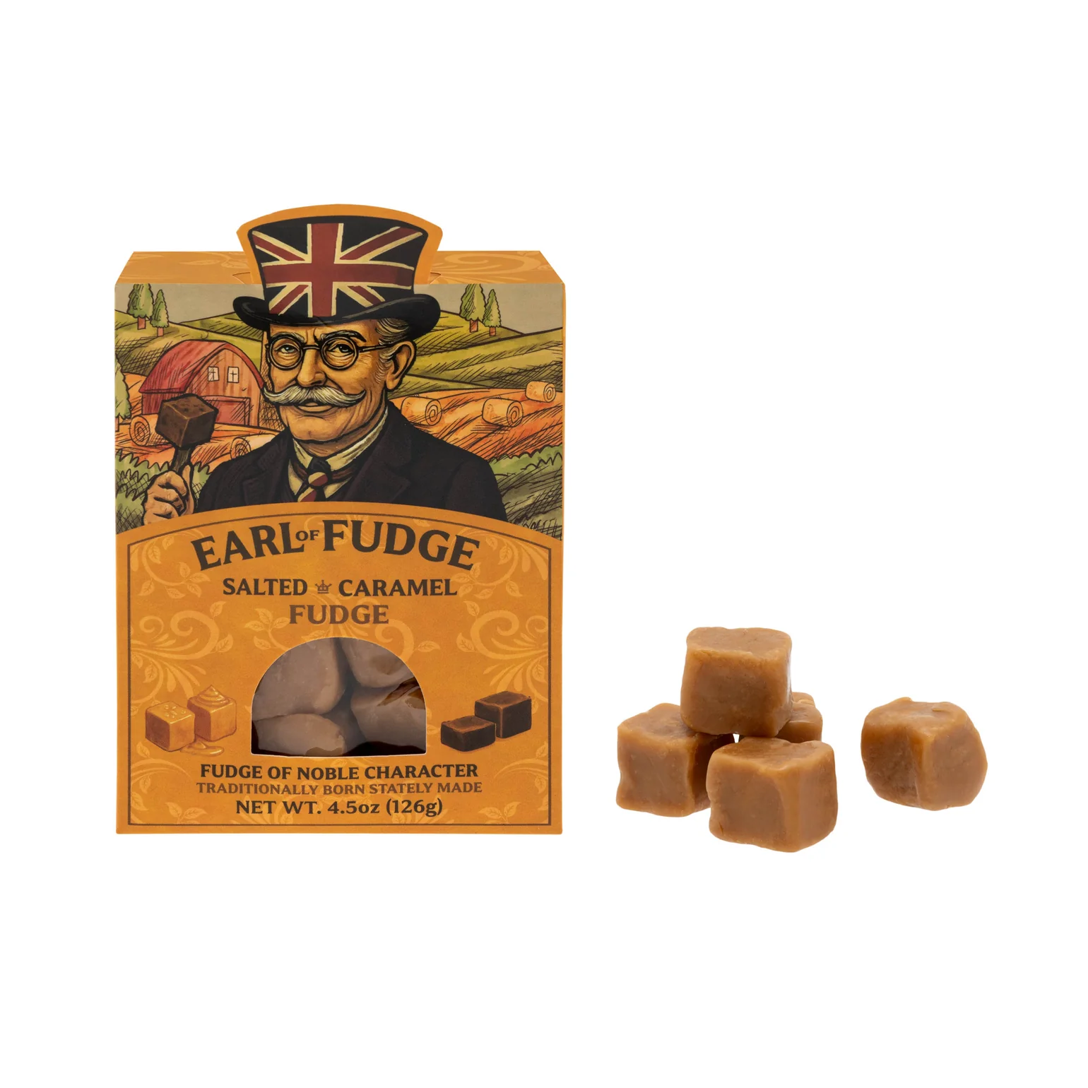 Box of Earl of Fudge salted caramel fudge with fudge pieces displayed.