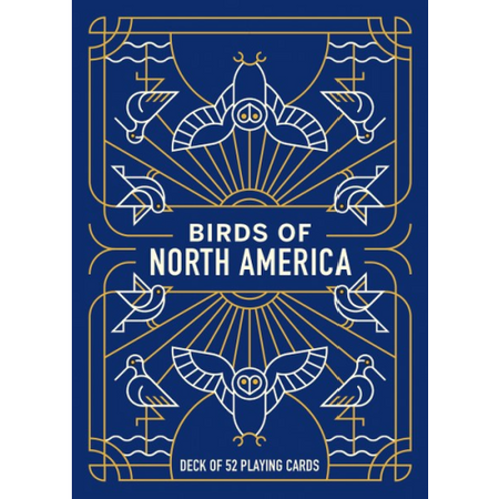 Card deck cover titled 'Birds of North America' with decorative bird illustrations on a blue background.