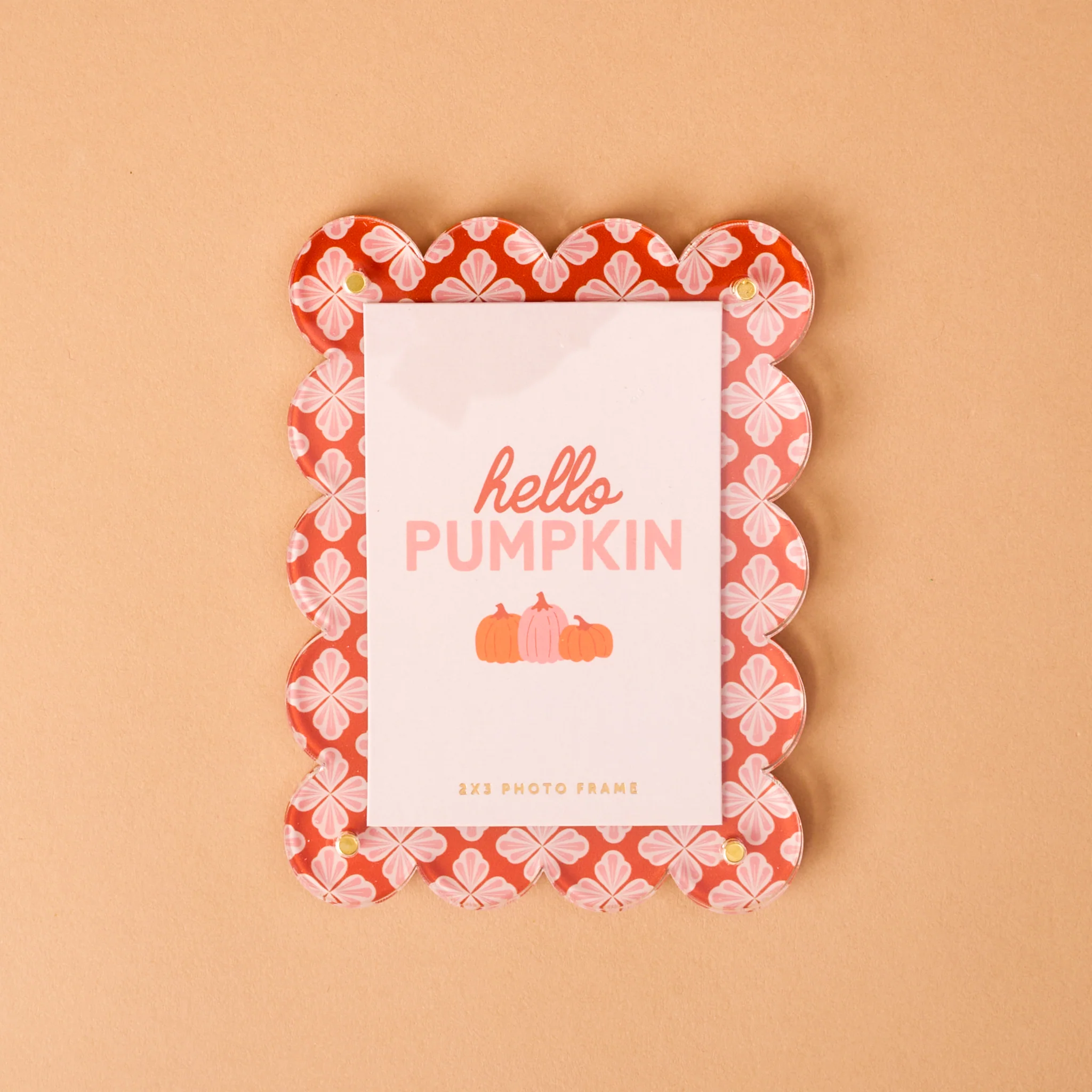 orange scalloped magnetic frame with place holder image that says "hello pumpkin" 