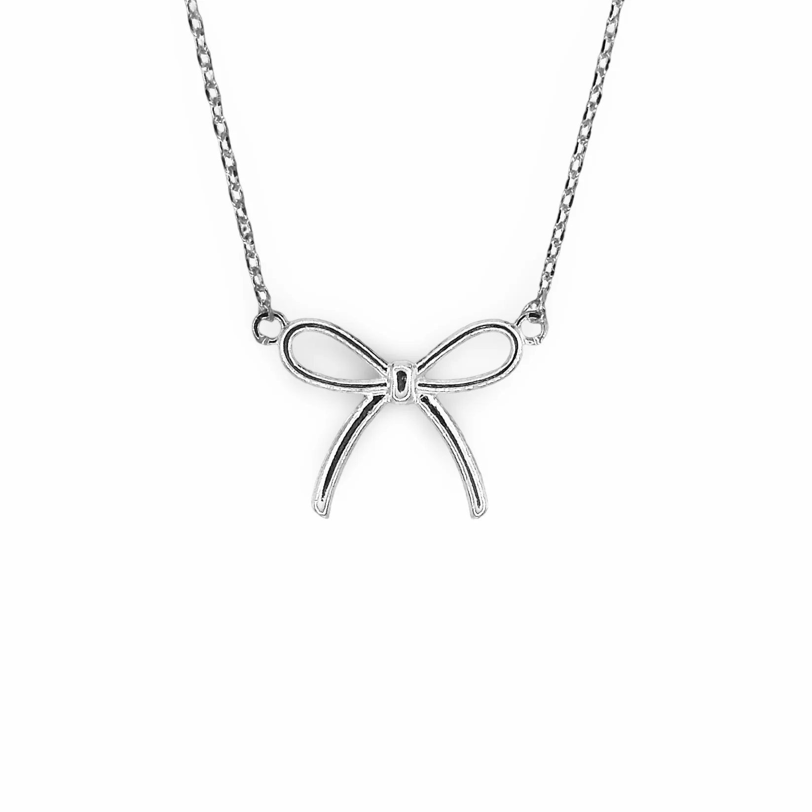Silver bow-shaped pendant on a chain against a white background